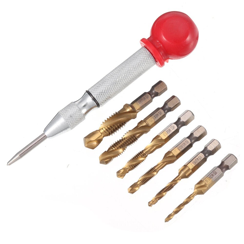 6Pcs M3-M10 Combination Drill Tap Bit HSS Titanium Coated Deburr Countersink Bits with Aotumatic Center Punch